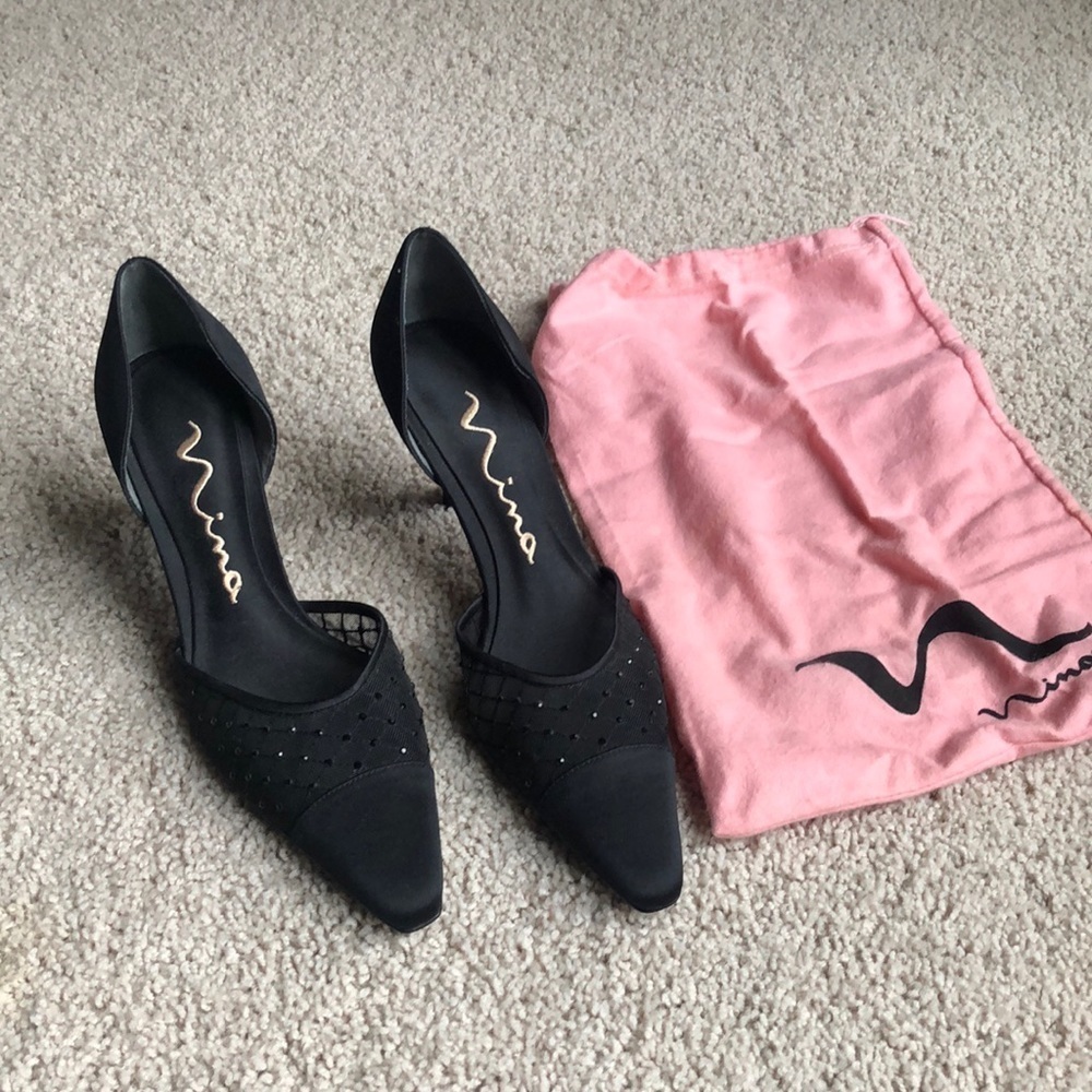 NINA BLACK DRESS HEELS WITH MESH AND RHINESTONES